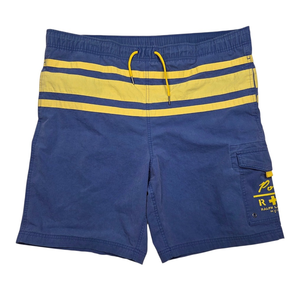 Vtg Polo Ralph Lauren Swim Trunks Mens L Blue Yellow Striped Cargo RL NYC Shorts